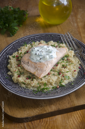 Baked salmon with quinoa and tzatziki
