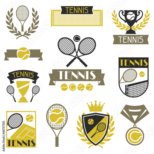 Tennis banners, ribbons and badges with icons.