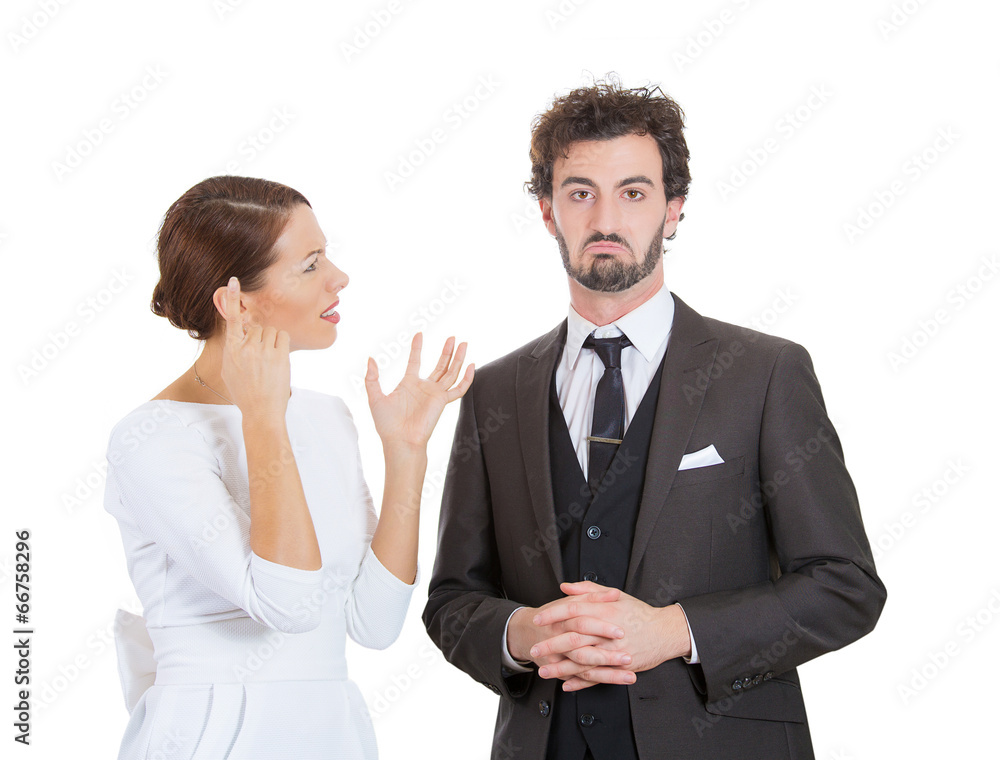 Arguing stressed couple man, woman. Annoyed guy tired of nagging Arguing stressed couple man, woman. Annoyed guy tired of nagging