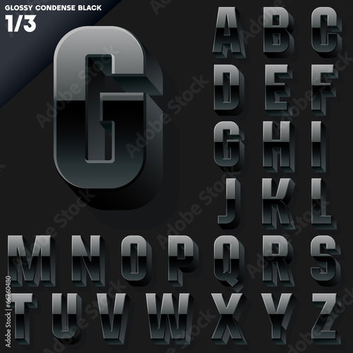 Vector alphabet of simple 3d glossy letters. Condensed. Black