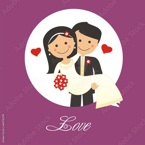 Pareja de recién casados con texto. Ilustración vectorial
