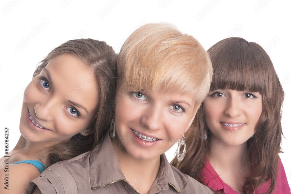 Portrait of Three Young Ladies with Teeth Braces Together Portrait of Three Young Ladies with Teeth Braces Together