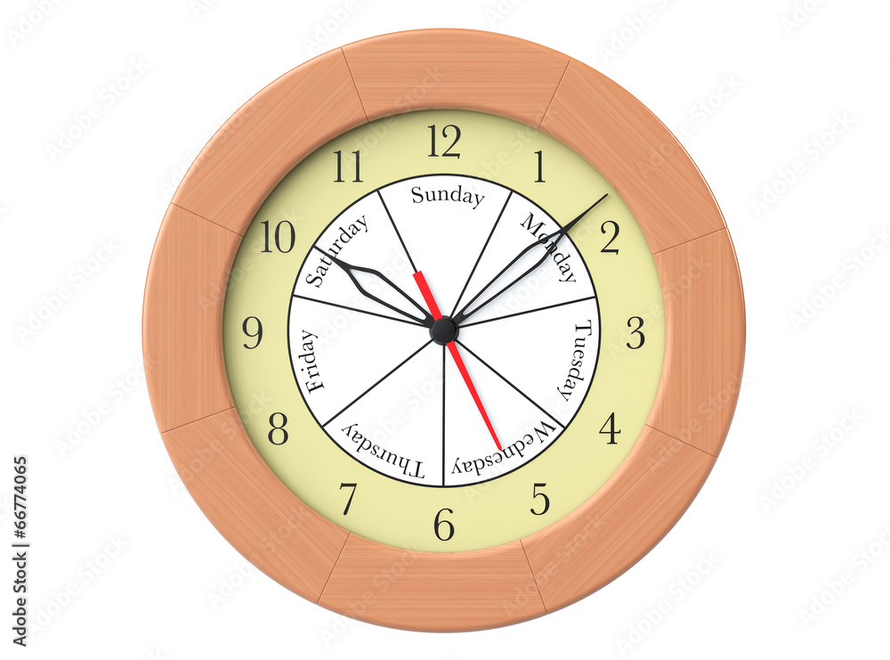 Wooden round wall clock with day indication Wooden round wall clock with day indication