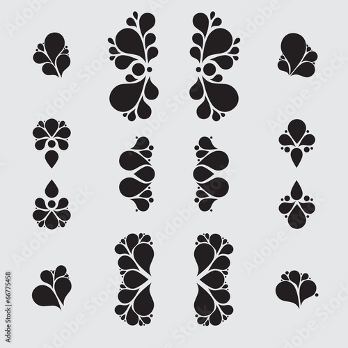 Set of tear drop elements, swirl and floral design, silhouette