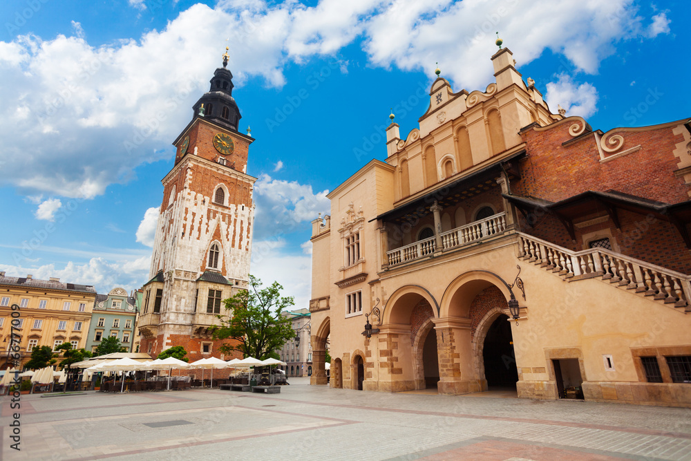 Town Hall Tower on Rynek Glowny in summer, Krakow