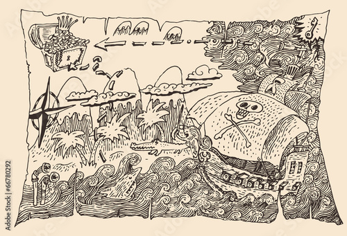 Island Treasure Map (pirate map), engraved illustration