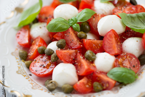 Close-up of caprese salad with capers, horizontal shot