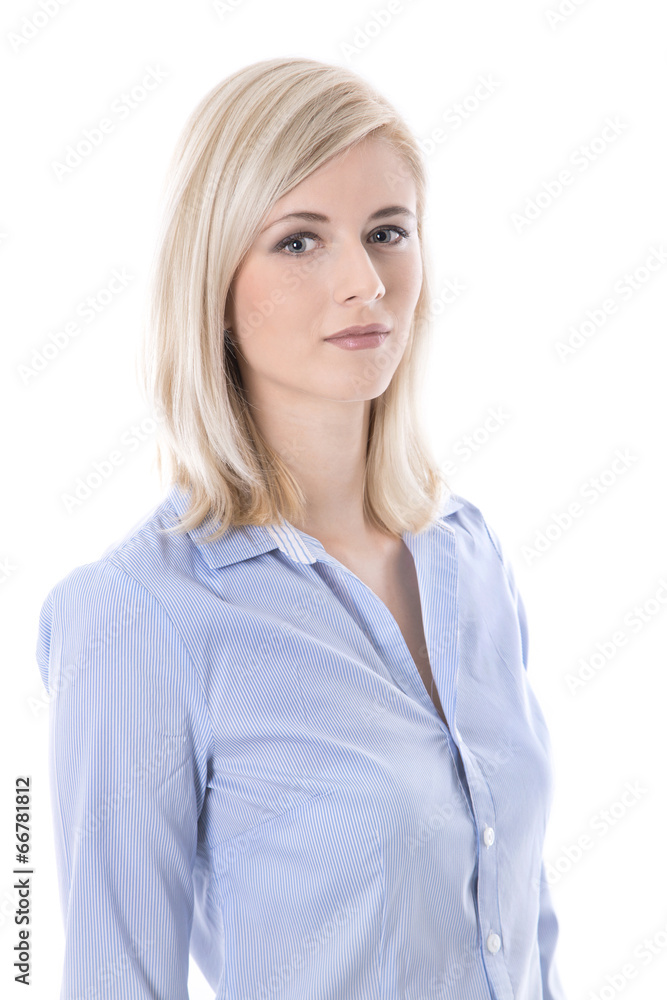 Portrait of a blond isolated young business woman in blue blouse Portrait of a blond isolated young business woman in blue blouse