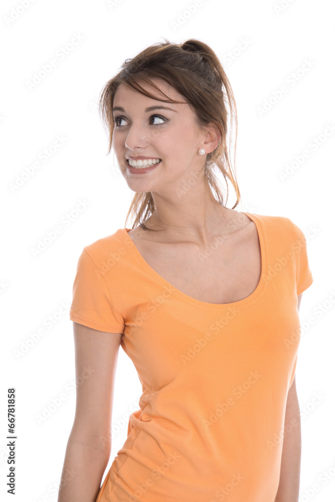 Portrait: junge glückliche und lachende Frau in orange Portrait: junge glückliche und lachende Frau in orange