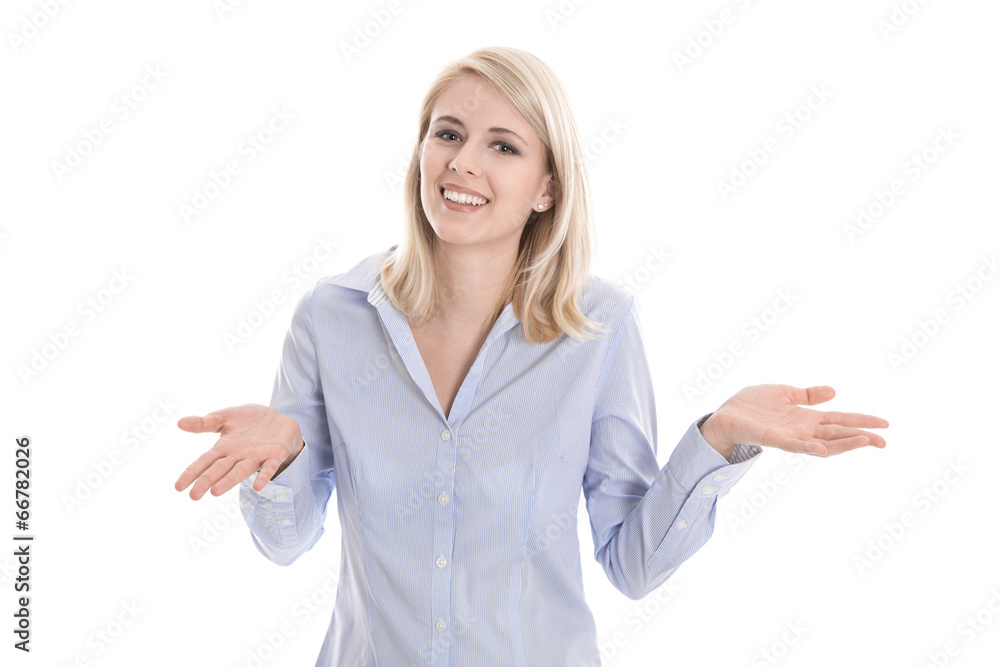 Happy young isolated business woman presenting with her hands. Happy young isolated business woman presenting with her hands.