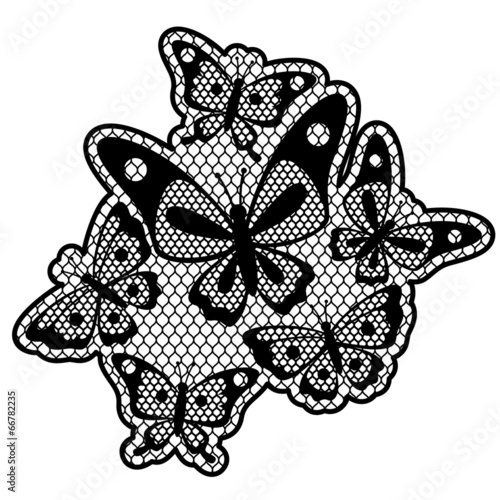 Black lace design with butterflies isolated on white.