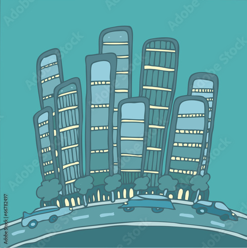 big city, skyscrapers cars cartoon vector Illustration