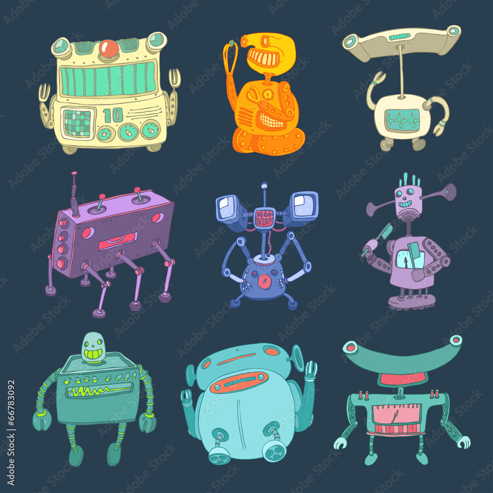 Fototapeta premium Robots vector set, robot toy vector Illustration, hand drawing
