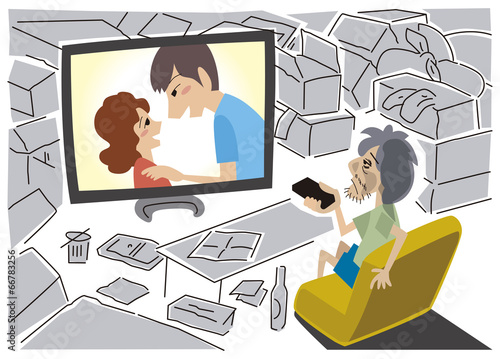 汚れた部屋で恋愛ドラマを観る男性