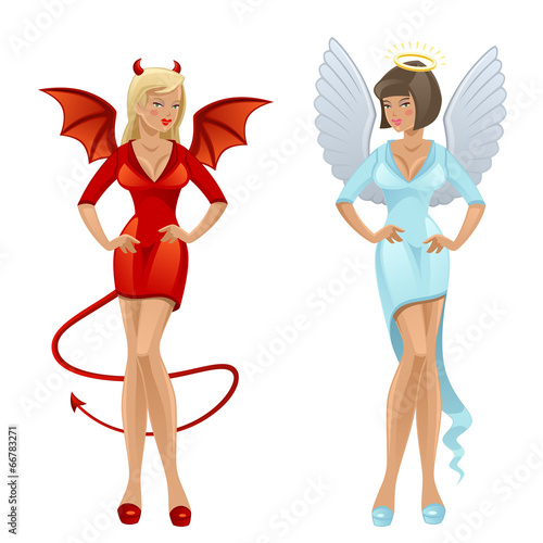 Girl in costume angel and devil