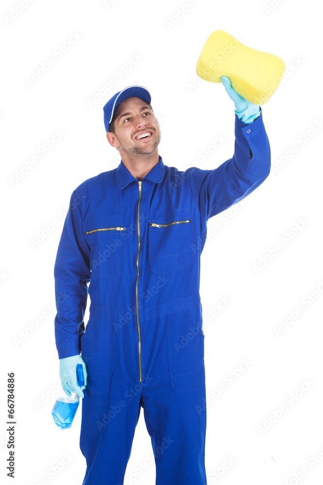 Servant With Spray Bottle And Sponge Cleaning Servant With Spray Bottle And Sponge Cleaning