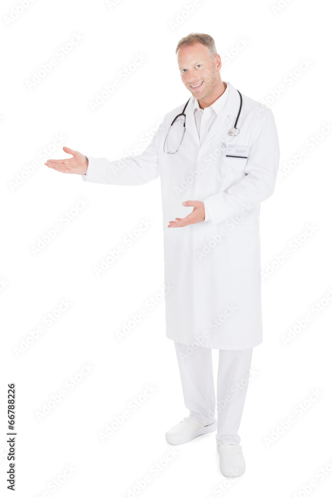 Doctor Giving Presentation Over White Background Doctor Giving Presentation Over White Background
