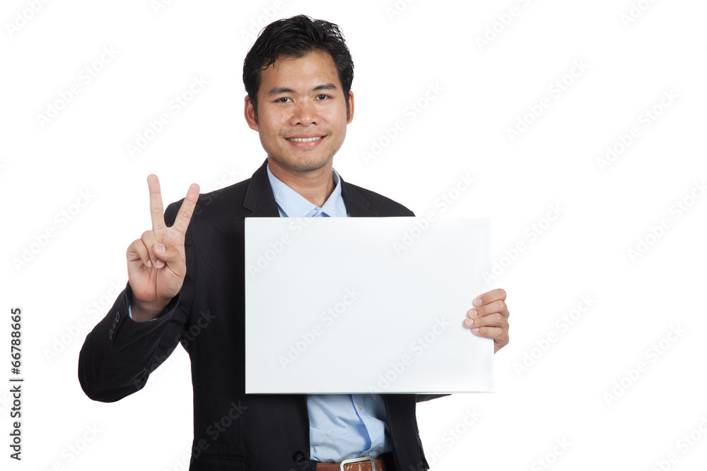 Asian businessman show OK sign with blank sign Asian businessman show OK sign with blank sign