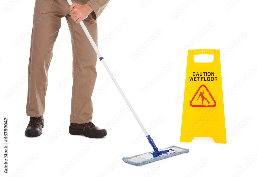 Servant Mopping Floor Over White Background