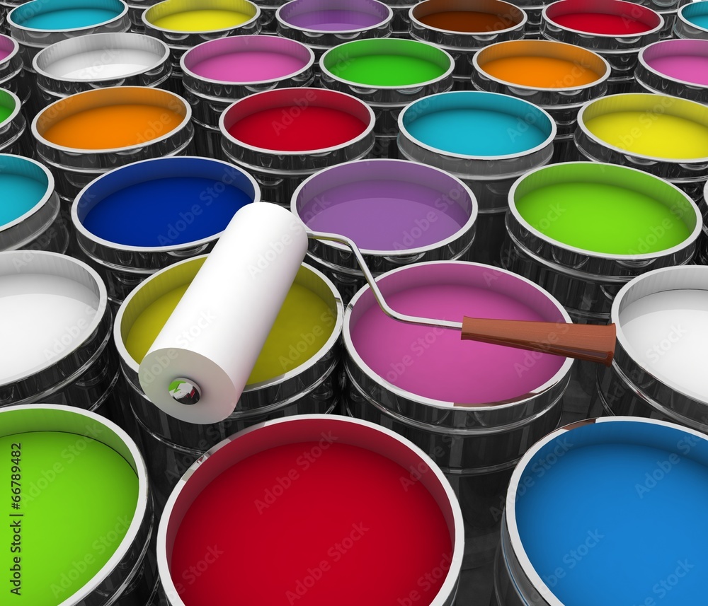 Open buckets with a paint and roller Open buckets with a paint and roller