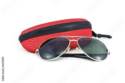 sunglasses and case on a white background