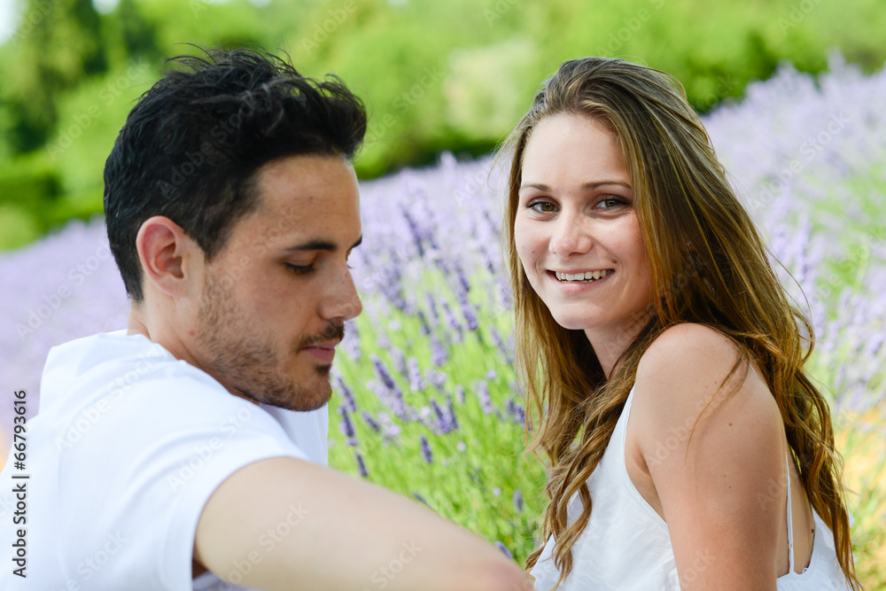 romantic young couple man woman summer lavender field provence romantic young couple man woman summer lavender field provence