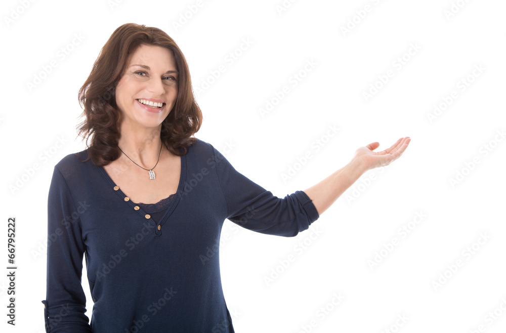 Isolated happy mature businesswoman presenting with palm. Isolated happy mature businesswoman presenting with palm.
