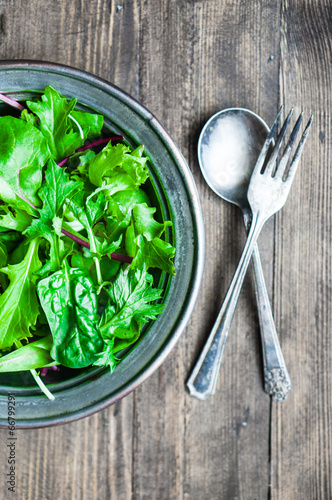 Green salad on rustic background