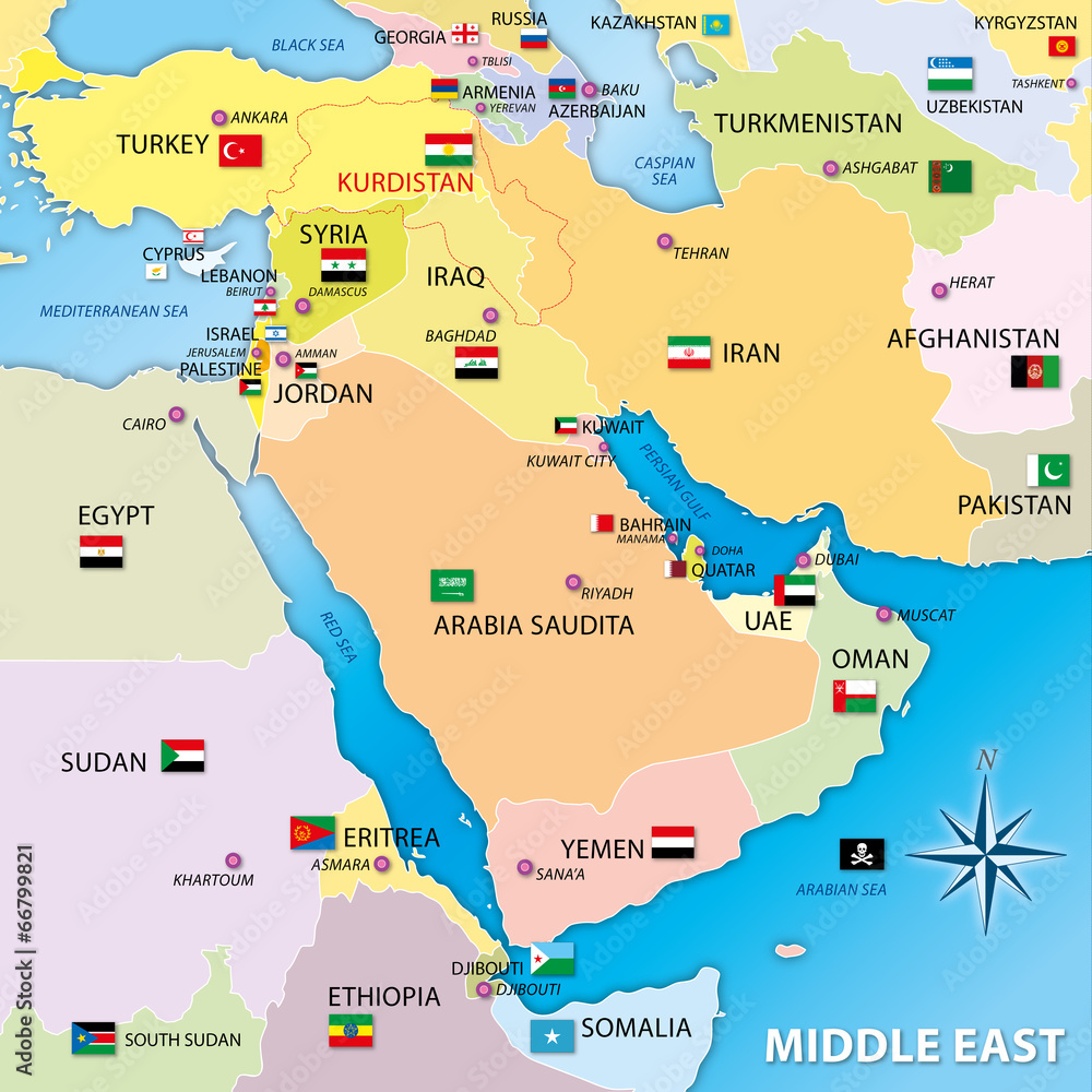 Middle East Regional Map With Flags Stock Vector Adobe Stock
