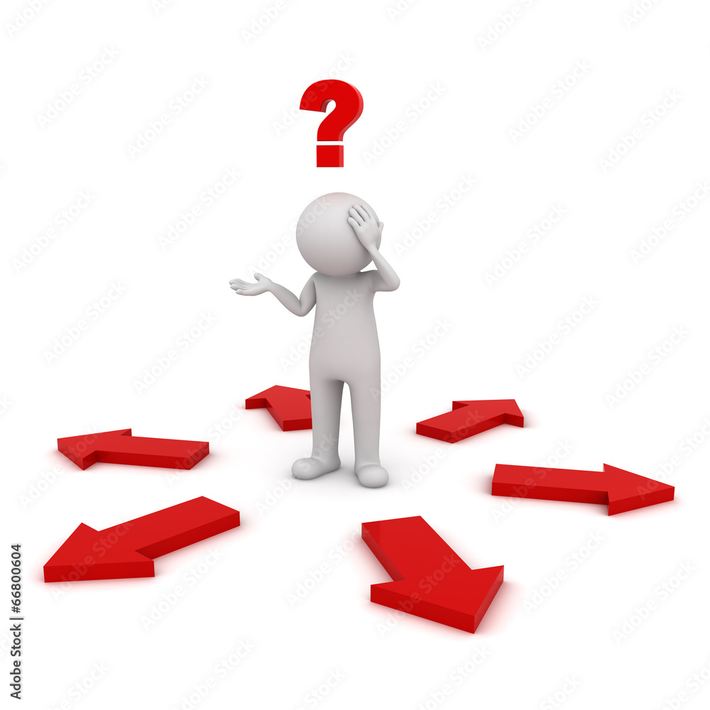 3d man thinking and confusing with many red arrows 3d man thinking and confusing with many red arrows