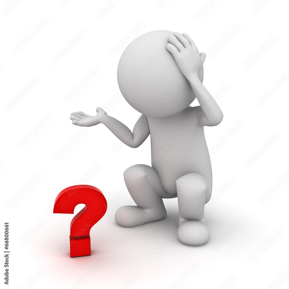 3d man squatting and confusing with red question mark 3d man squatting and confusing with red question mark