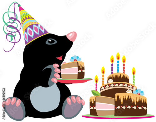 mole holding a piece of cake