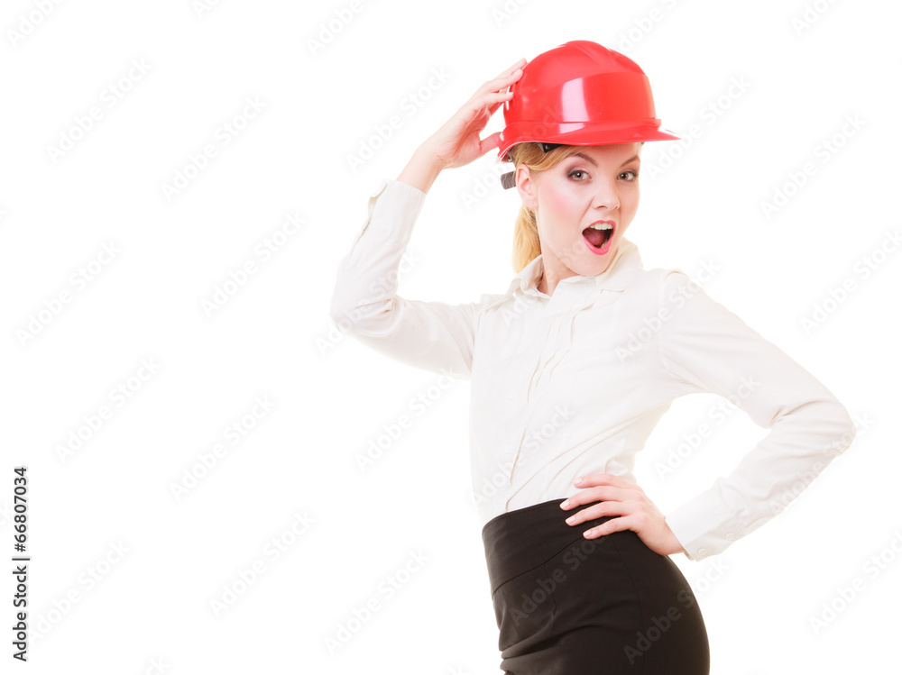 Female engineer woman architect in red safety helmet isolated Female engineer woman architect in red safety helmet isolated
