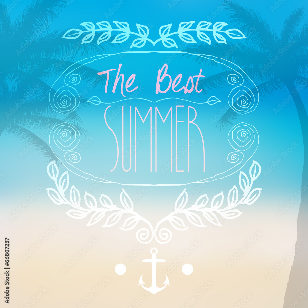 Naklejka premium Vector vintage hand drawn hello summer cute, leafs frame with bl