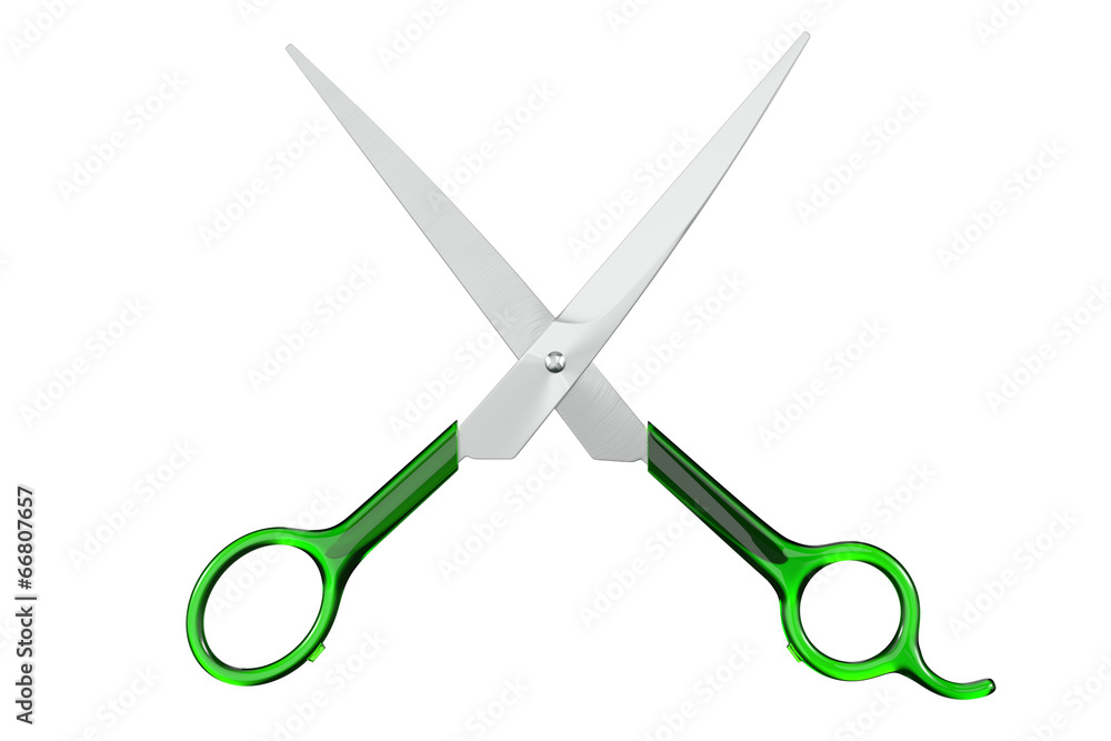 Opened steel shears with glass handles on a white background Opened steel shears with glass handles on a white background