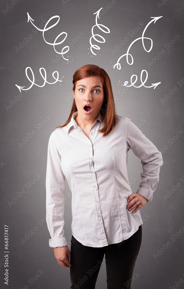 Young woman thinking with arrows overhead