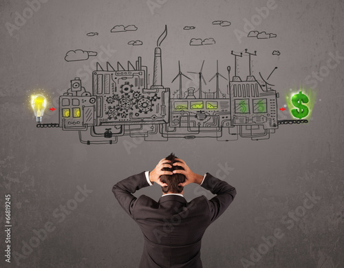 Business man looking at factory that makes money from ideas