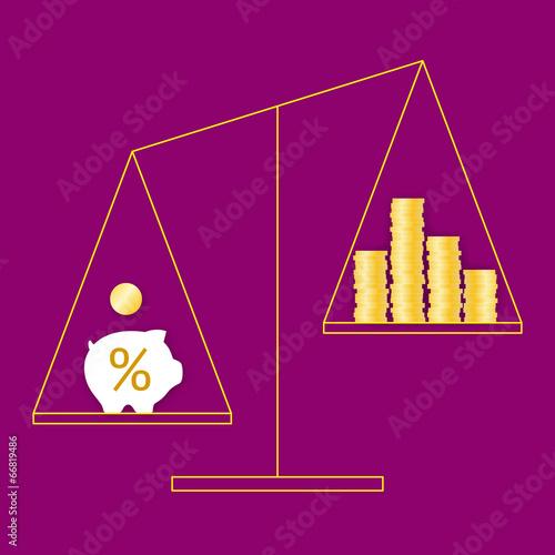 Piggy bank and coins on weigher
