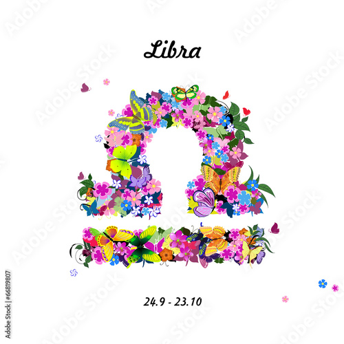 Pattern with butterflies, cute zodiac sign - libra