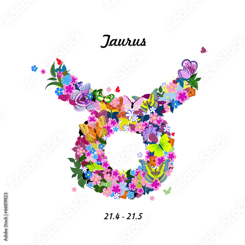 Pattern with butterflies, cute zodiac sign - taurus