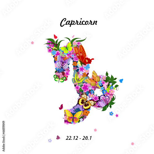 Pattern with butterflies, cute zodiac sign - capricorn