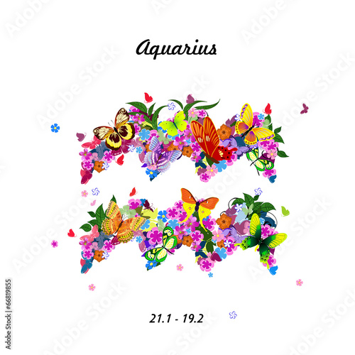 Pattern with butterflies, cute zodiac sign - aquarius
