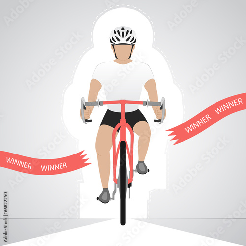 white dressed cyclist in front view crossing red finish line 
