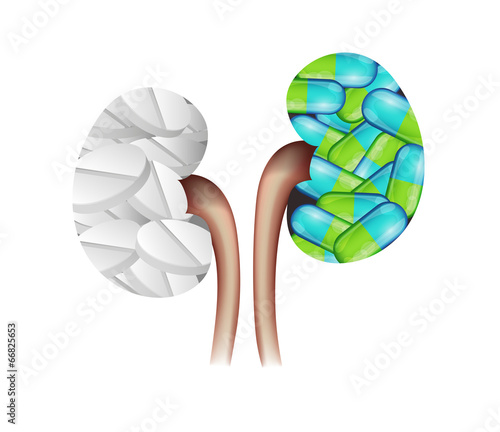 Pills in the kidney shape. Kidney treatment concept.