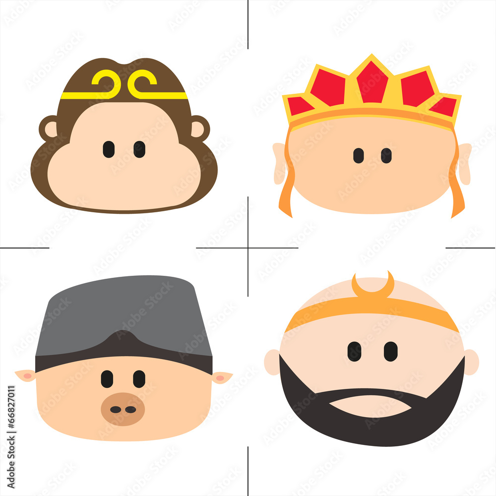 Naklejka premium Face of the monkey king and friends icon set.
