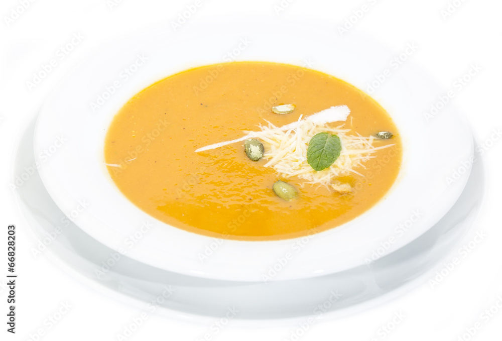 pumpkin soup on a white background in the restaurant pumpkin soup on a white background in the restaurant