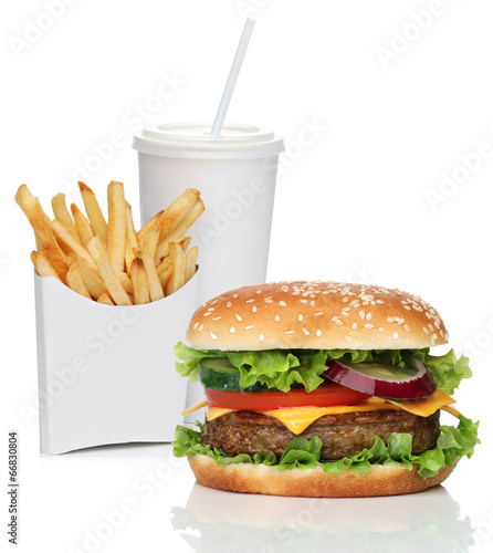 Hamburger with french fries and a cola drink, isolated on white