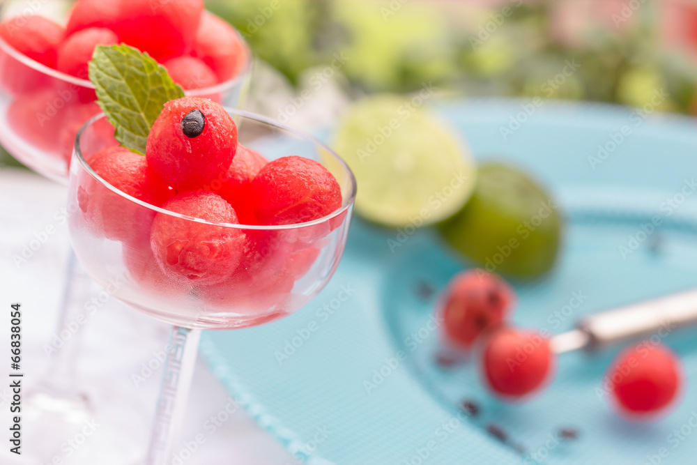 Fresh watermelon balls. Selective focus. Fresh watermelon balls. Selective focus.