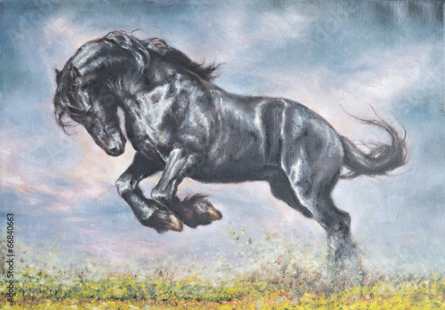 dipinto di un cavallo tra una distesa d erba