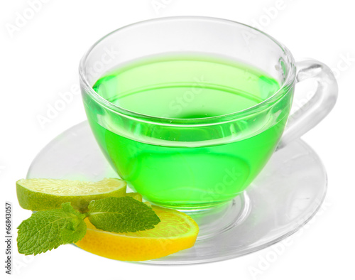 Transparent cup of green tea isolated on white
